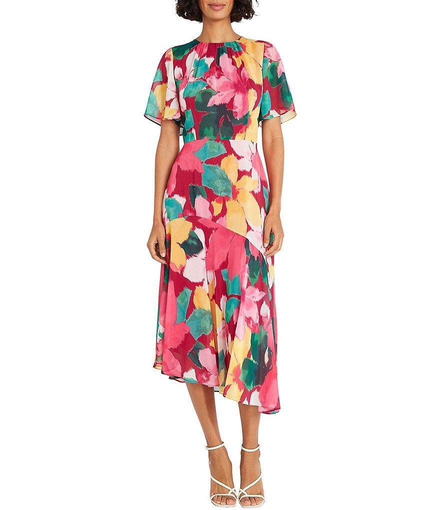 Maggy London Floral Print Round Neckline Short Sleeve Asymmetrical Hem Midi Dress Product Image