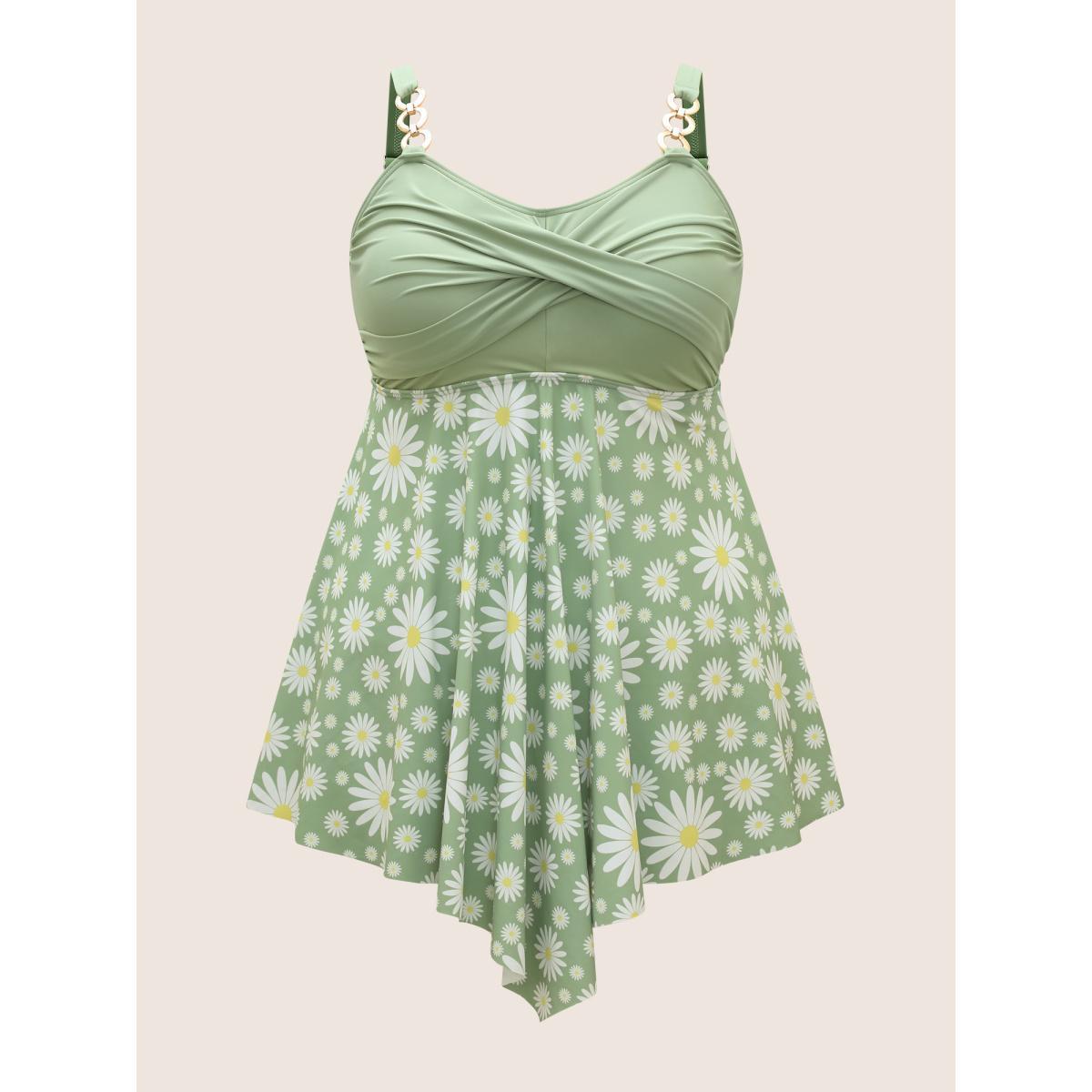 Plus Size Floral Patchwork Twist Front Buckle Detail Swim Dress Women's Swimwear LightGreen Beach Bodycon Heart neckline High stretch Curve Swim Dresses BloomChic 26/4X Product Image