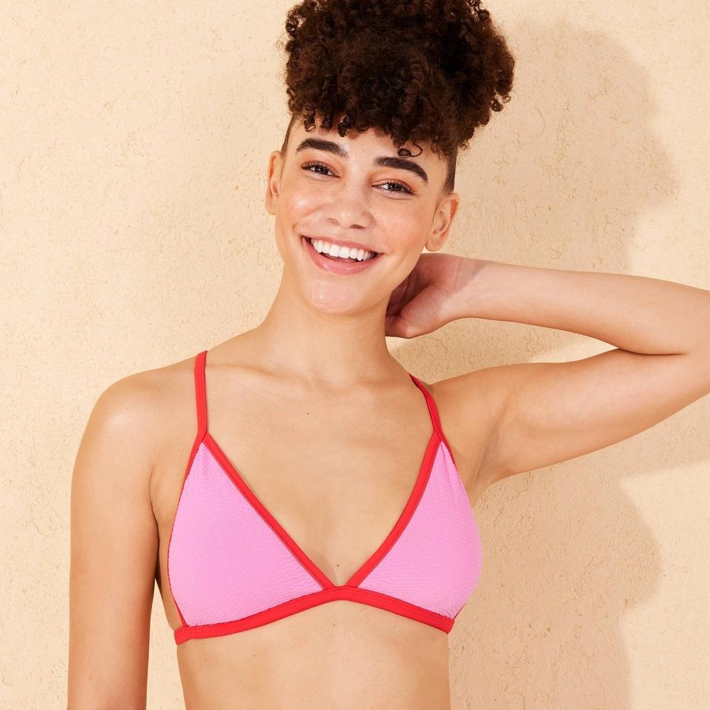 Womens Pucker Textured Contrast Binding Triangle Bikini Top - Wild Fable /Red S: Crisscross Back, Adjustable Strap Product Image