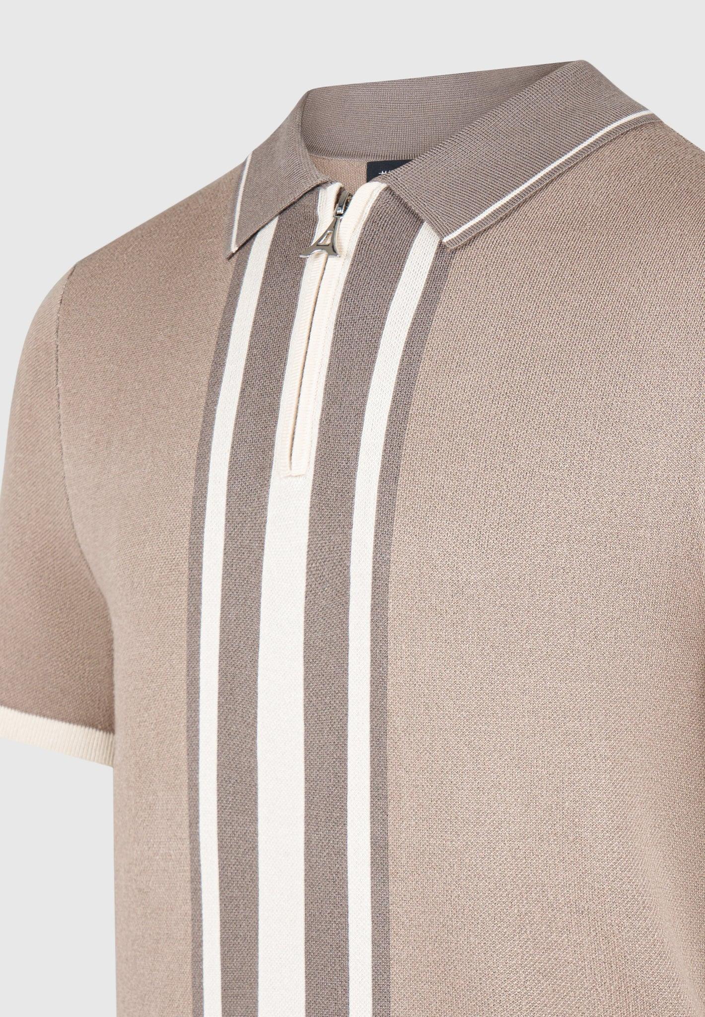 Contrast Border Knit Zip Polo Shirt - Taupe Male Product Image