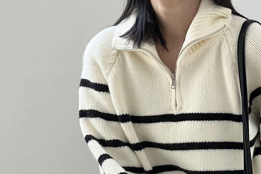 Stand Collar Striped Half Zip Sweater Product Image