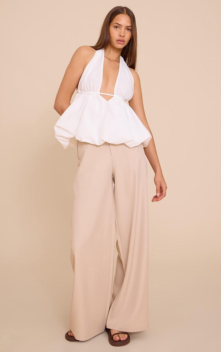 White Woven Plunge Halter Neck Puffball Top Product Image