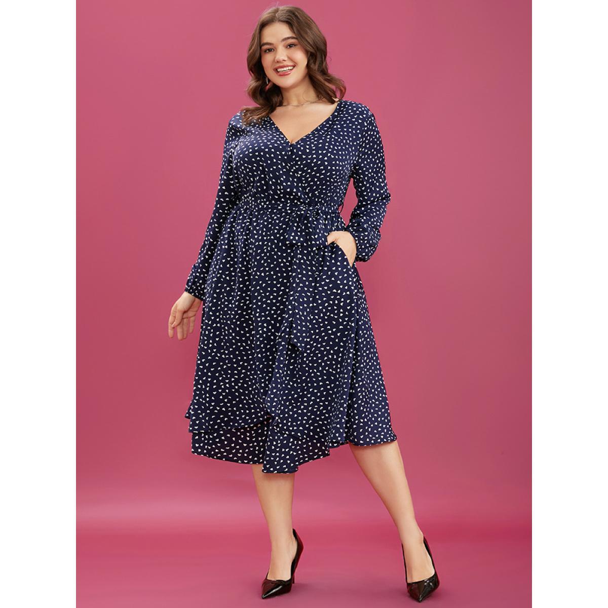 Plus Size Heart Print Surplice Neck Pocket Asymmetrical Belted Flutter Dress Navy Women Elegant Pocket V-neck Long Sleeve Curvy Midi Dress BloomChic 26/4X Product Image