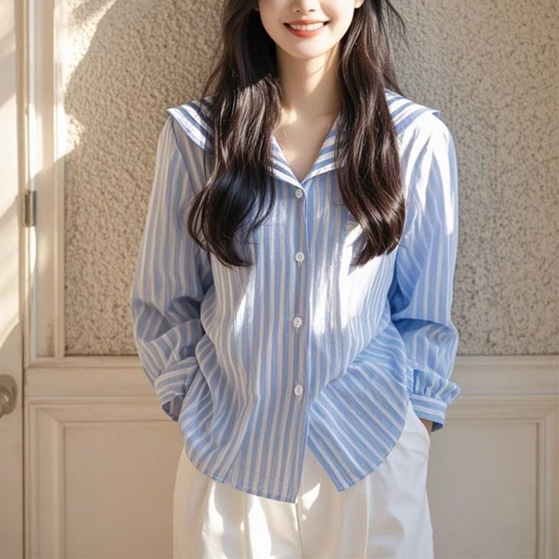 Puff-Sleeve Striped Button-Up Blouse Product Image