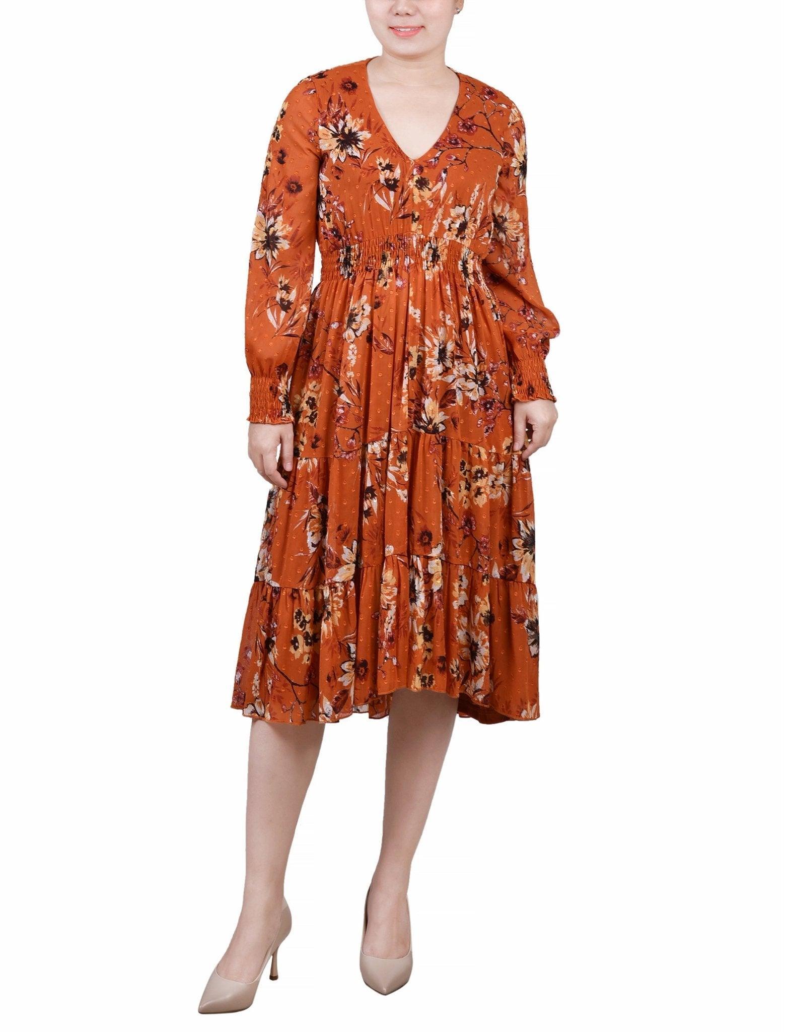 Orange Hauppage Long Sleeve Clip Dot Chiffon Dress With Smocked Waist and Cuffs Product Image