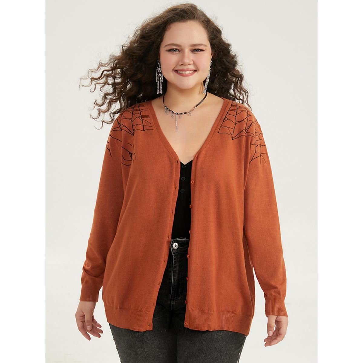 Plus Size Supersoft Essentials Halloween Spider Web Button Through Cardigan Rust Women Casual Loose Long Sleeve Dailywear Cardigans BloomChic 12/L Product Image