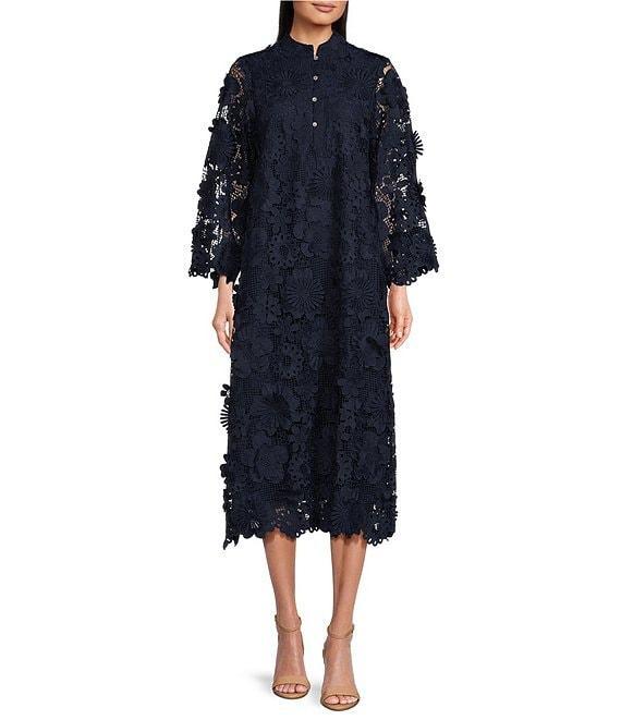 J.Marie Seraphina Floral Long Sleeve 3D Lace Mandarin Collar Midi Dress Product Image