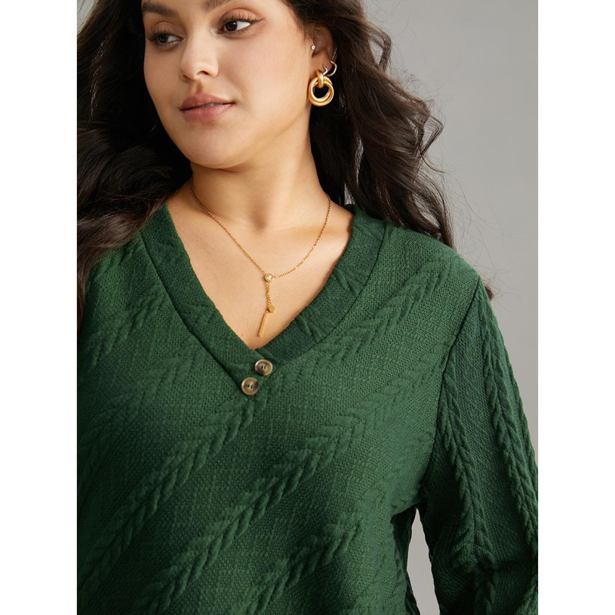 Plus Size Plisse Solid Button Detail Sweatshirt Women DarkGreen Elegant Texture V-neck Everyday Sweatshirts BloomChic 18-20/2X Product Image