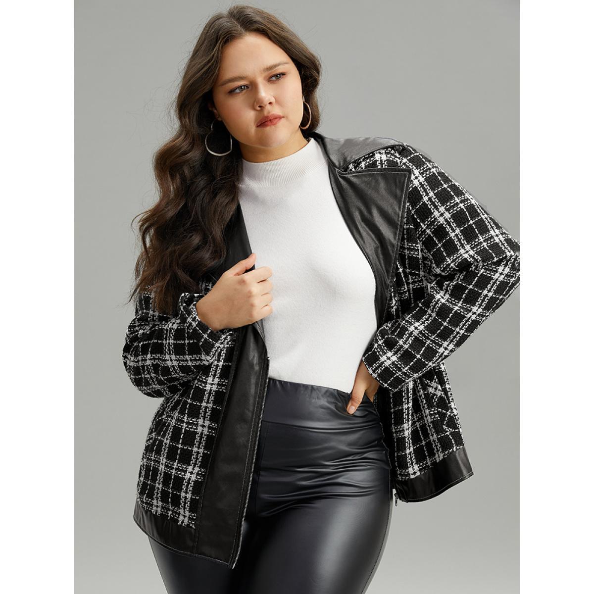 Plus Size Plaid PU Patchwork Zipper Fly Jacket Women Black Contrast Dailywear Jackets BloomChic 30/6X Product Image