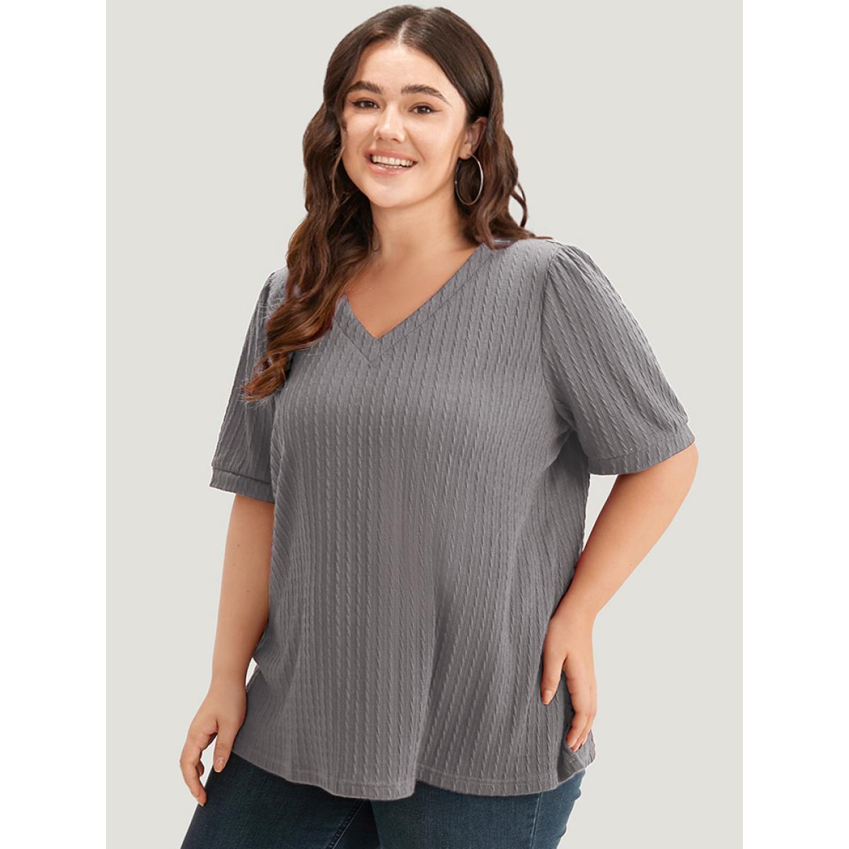 Plus Size Plain Texture V Neck Gathered Lantern Sleeve T-shirt Gray Women Casual Texture Plain V-neck Dailywear T-shirts BloomChic 30/6X Product Image