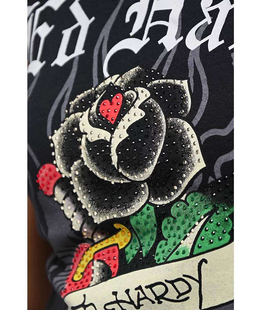 Ed Hardy Rose Rhinestone Cap Sleeve Black T-Shirt Product Image