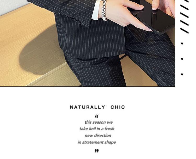 Set: Peak Lapel Striped Double-Breasted Blazer + Mid Rise Cropped Straight Leg Dress Pants + V-Neck Vest Product Image