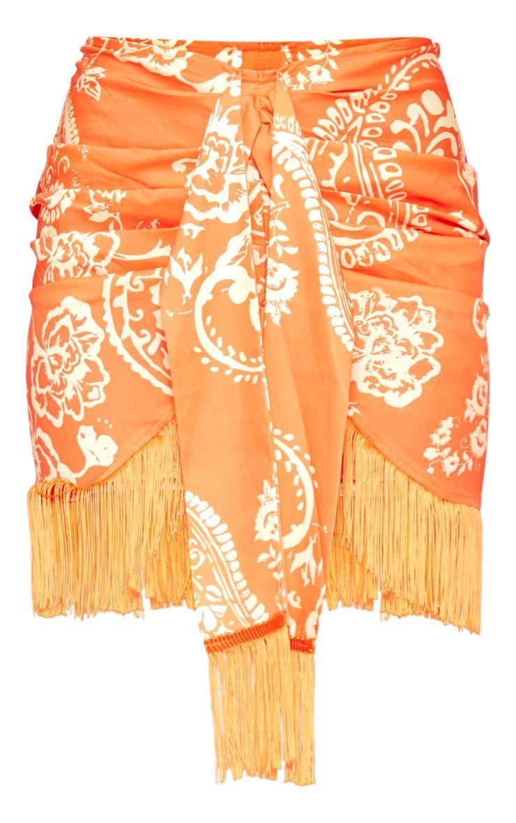 Orange Paisley Print Woven Tassel Wrap Skirt Product Image