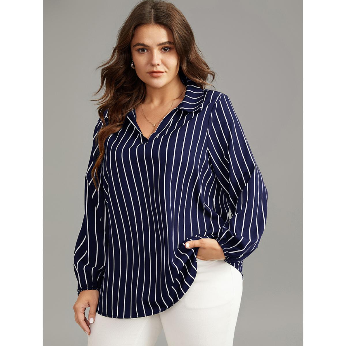 Plus Size Indigo Striped Shirt Collar Lantern Sleeve Blouse Women Office Long Sleeve Shirt collar Work Blouses BloomChic 12/L Product Image