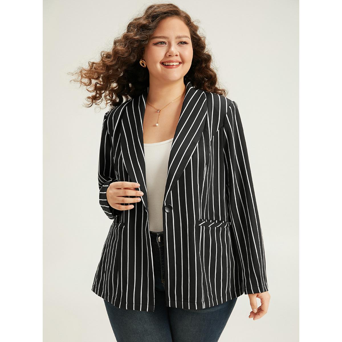 Plus Size Striped Suit Collar Button Up Blazer Black Women Work Striped Contrast Sleeve Long Sleeve Suit Collar 18-20/2X Pocket Casual Blazers BloomChic Product Image