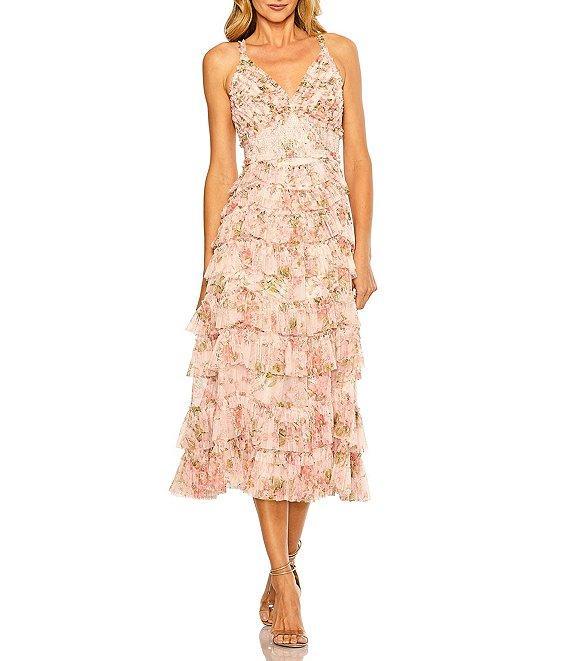 Mac Duggal Mesh Floral Print V-Neck Sleeveless Ruffle A-Line Midi Dress Product Image