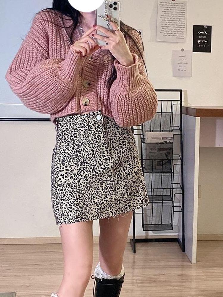 Set: V-Neck Plain Ribbed Cropped Cardigan + High Rise Leopard Print Mini Pencil Skirt Product Image