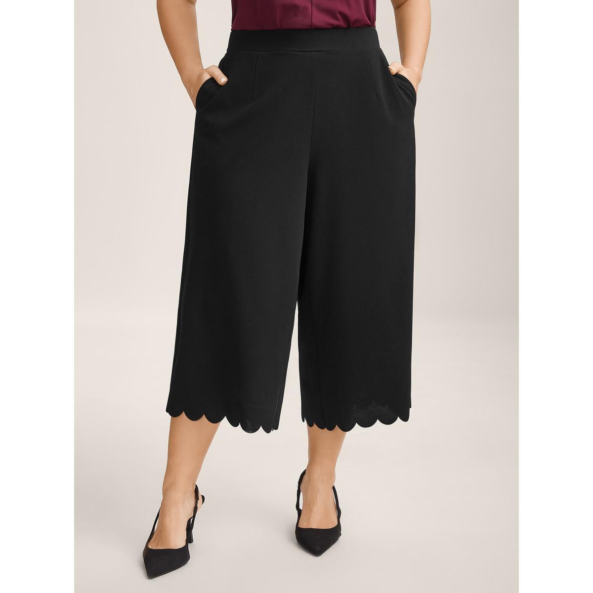 Plus Size Scalloped Hem Wide-Leg Solid Pants Women Black At the Office Wide Leg Mid Rise Work Pants BloomChic 28/5X Product Image