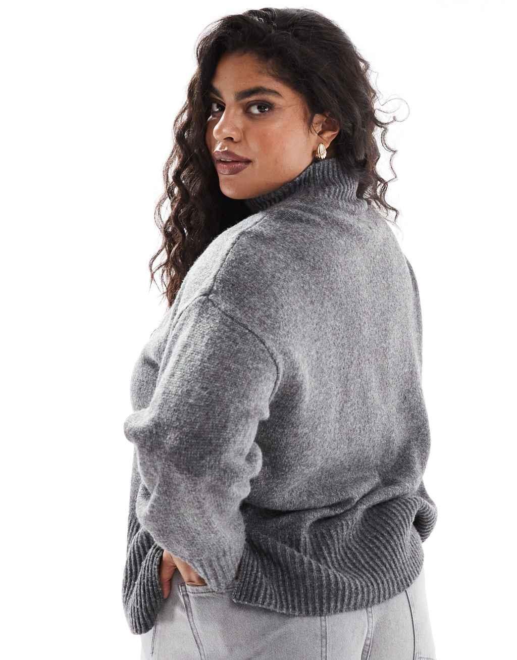 ASOS DESIGN Curve knitted high neck sweater with turn back cuffs in charcoal Product Image