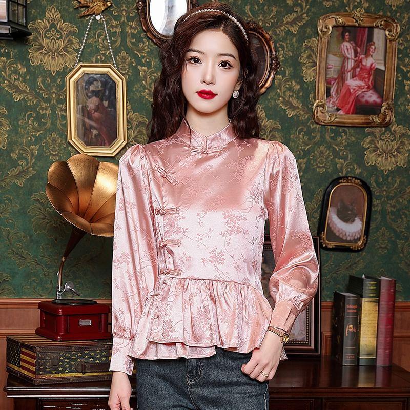 Puff-Sleeve High Neck Floral Jacquard Frog Buttoned Blouse Product Image