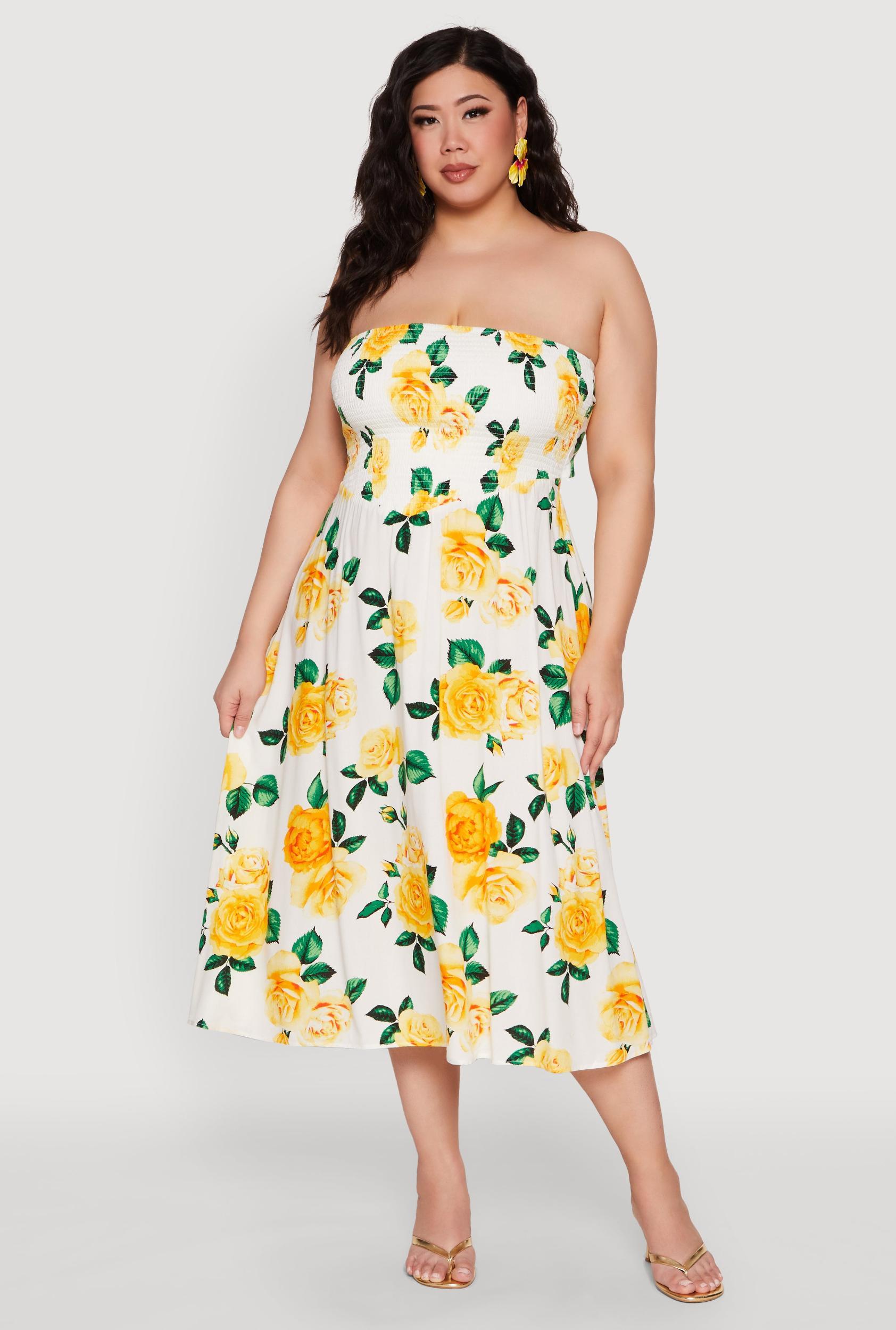 Womens Plus Size Almost Famous Floral Print Smocked Midi Dress Product Image