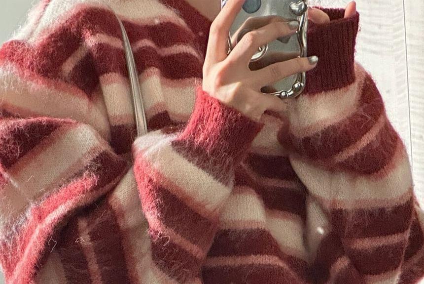 Round Neck Drop Shoulder Striped Oversized Sweater Product Image