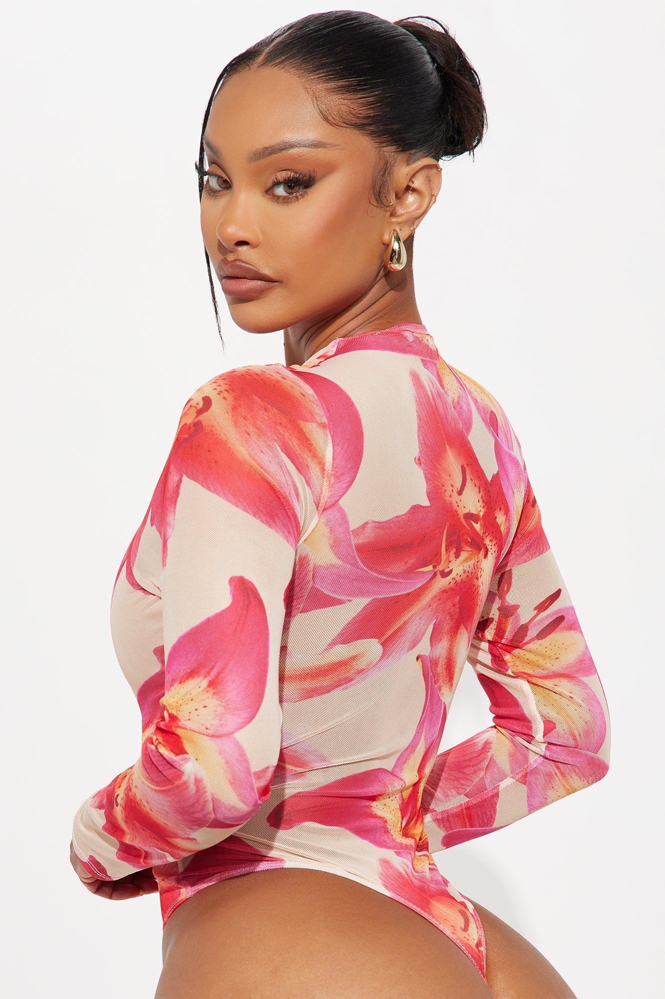 Moody Mesh Floral Long Sleeve Bodysuit - Pink/combo Product Image