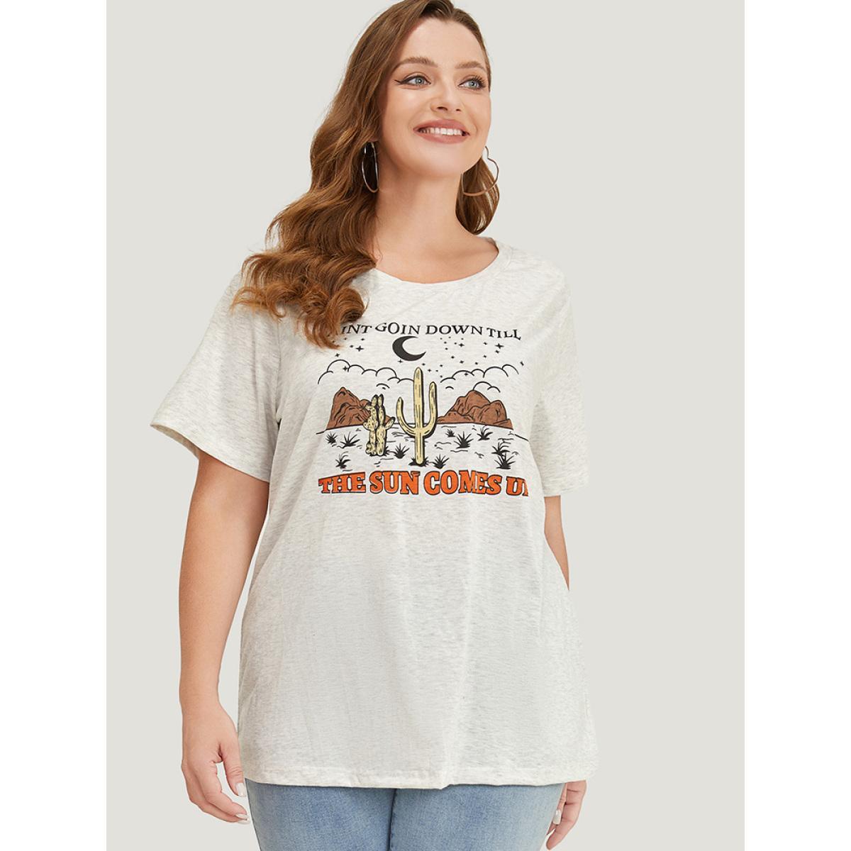 Plus Size Cactus & Letter Print Short Sleeve Graphic Tee LightGray Women Casual Western Dailywear T-shirts BloomChic 18-20/2X Product Image