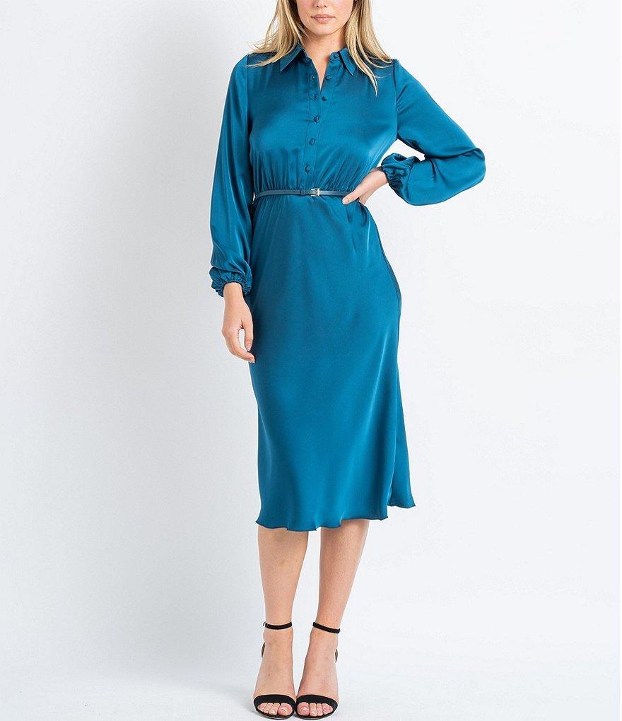 Sam Edelman Satin Button Front Collar Neck Long Sleeve Belted Midi Dress Product Image