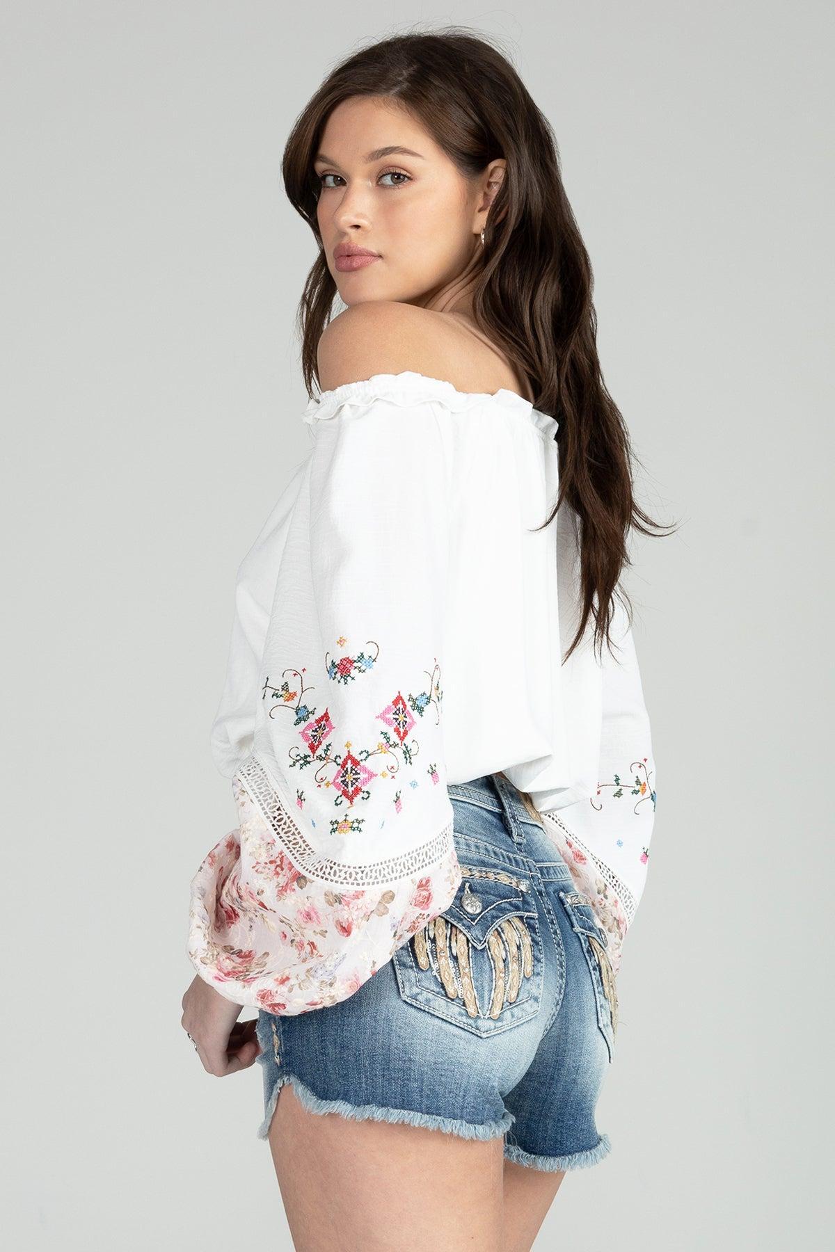 Floral Puff Long Sleeve Embroidered Top Product Image