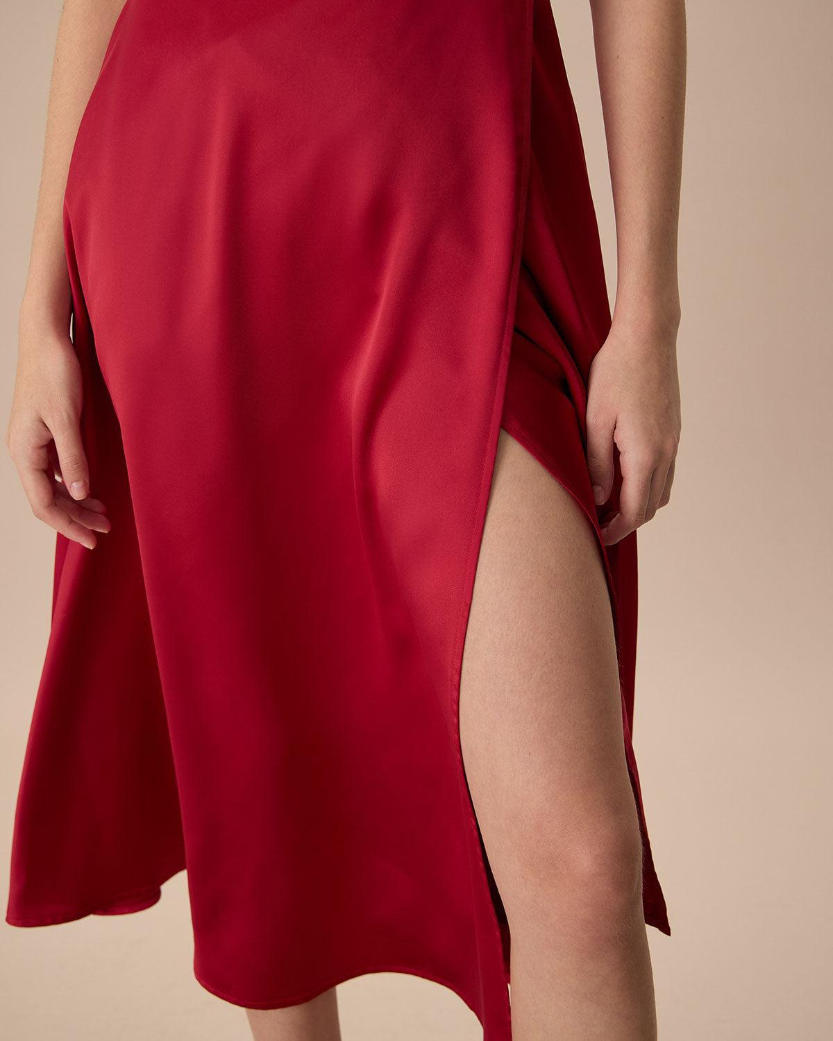 Women's Red Satin Slip Midi Dress Female Product Image