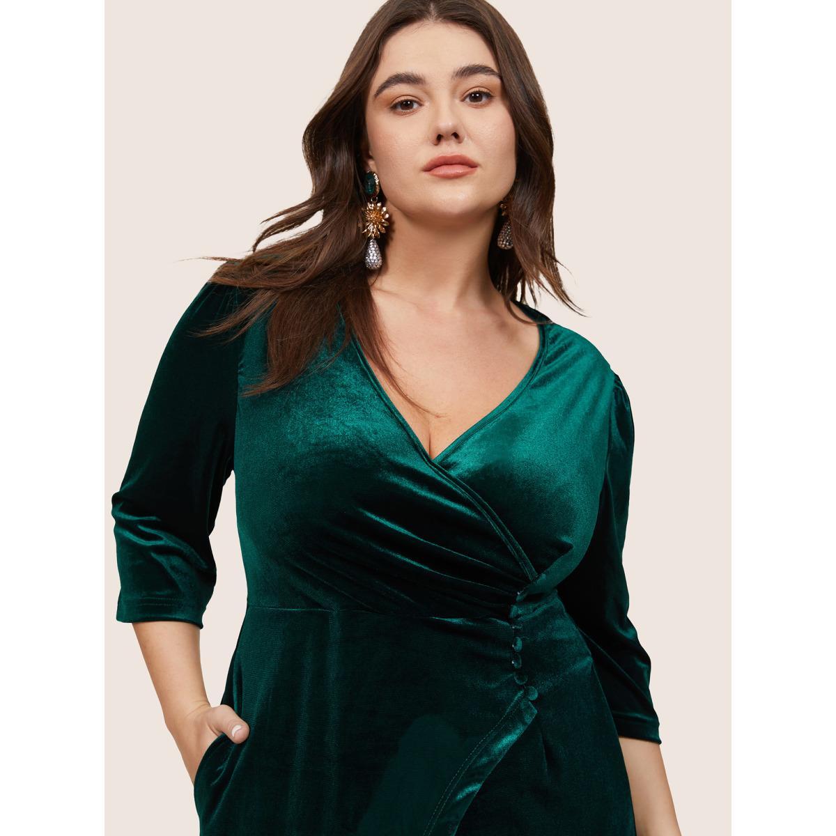 Plus Size Plain Velvet Wrap Gathered Split Front Dress DarkGreen Women Glamour Velvet Overlap Collar Elbow-length sleeve Curvy Midi Dress BloomChic 10/M Product Image