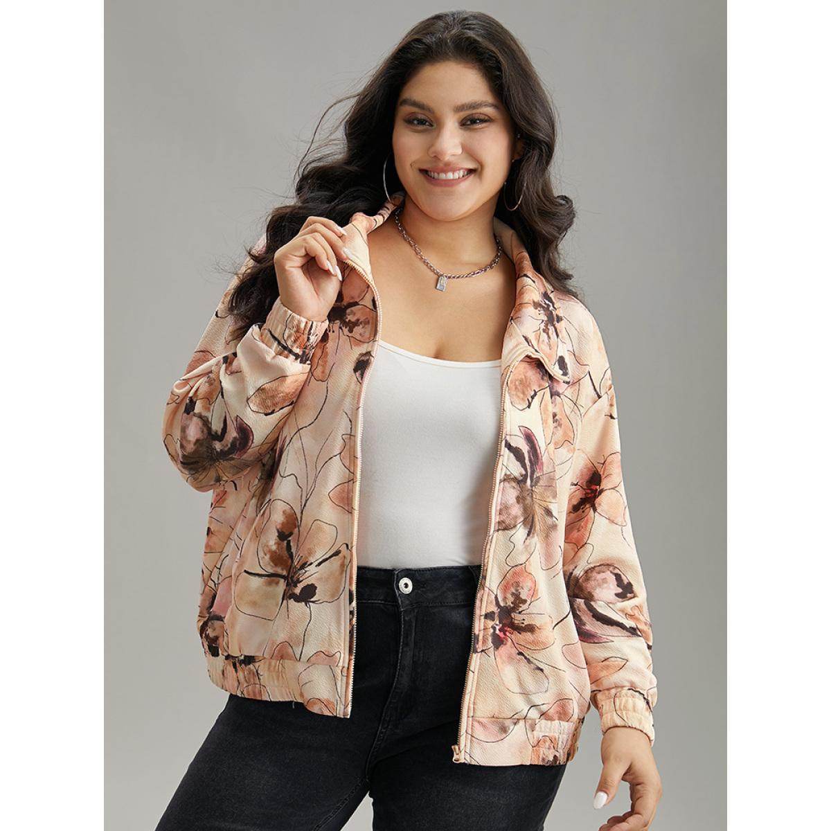 Plus Size Floral Zipper Gathered Elastic Cuffs Jacket Women Multicolor Elastic cuffs Pocket Dailywear Jackets BloomChic 18-20/2X Product Image