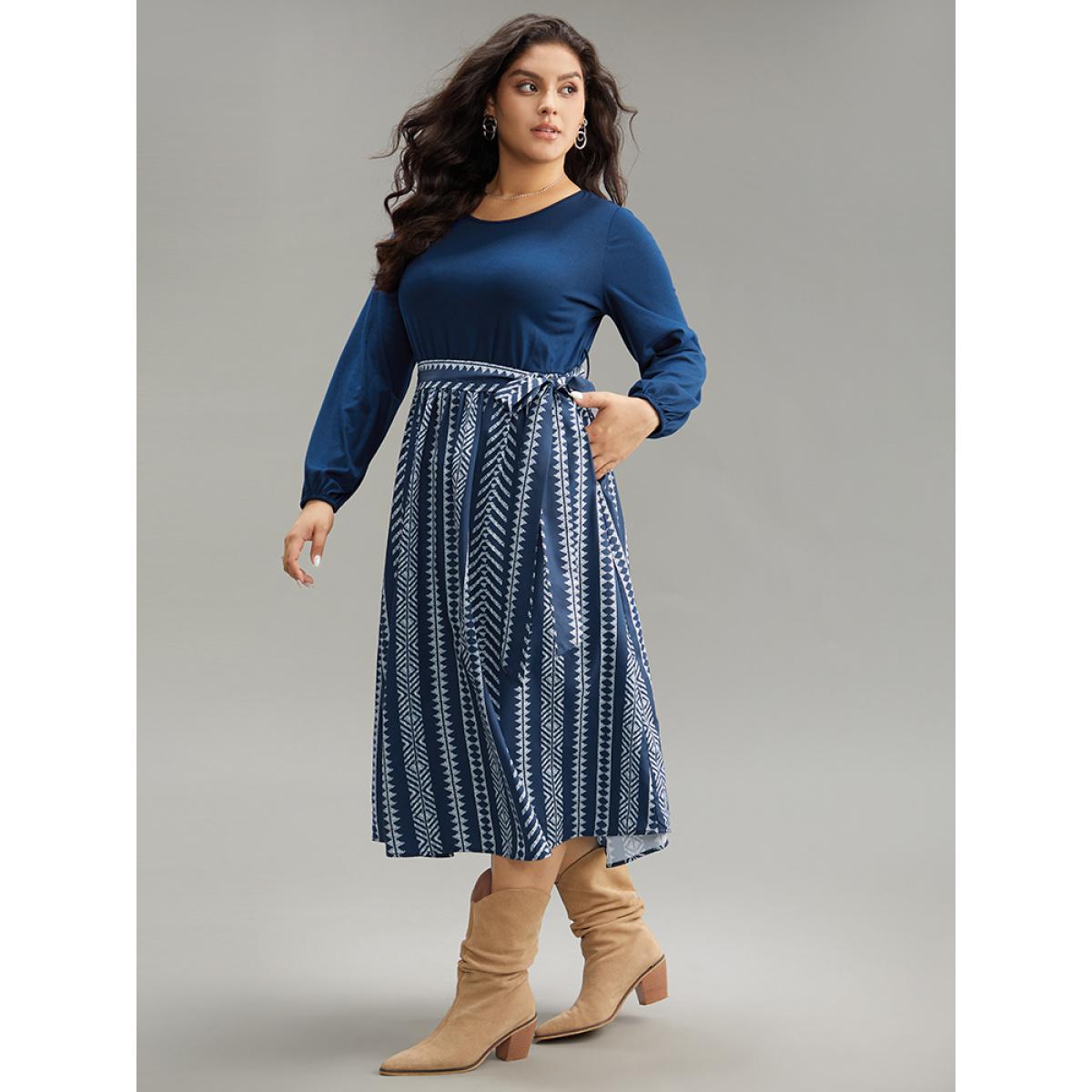 Plus Size Bandana Striped Patchwork Pocket Belted Dress Indigo Women Vacation Belted Round Neck Long Sleeve Curvy Midi Dress BloomChic 12/L Product Image