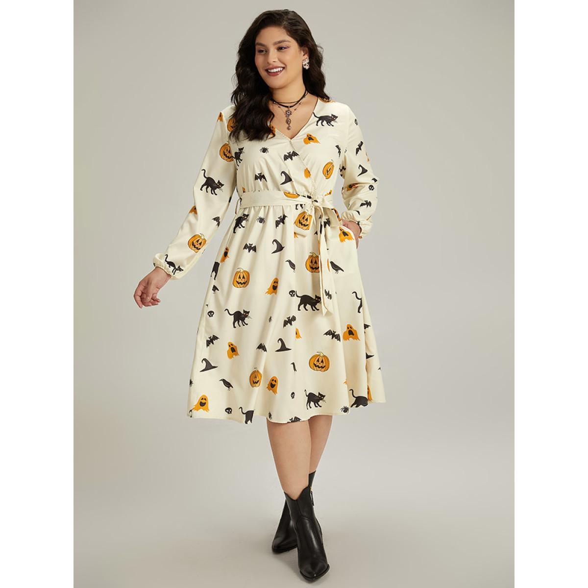 Plus Size Halloween Pumpkin & Bat Print Wrap Lantern Sleeve Dress Beige Women Office Elastic cuffs Overlap Collar Long Sleeve Curvy Midi Dress BloomChic 14-16/1X Product Image