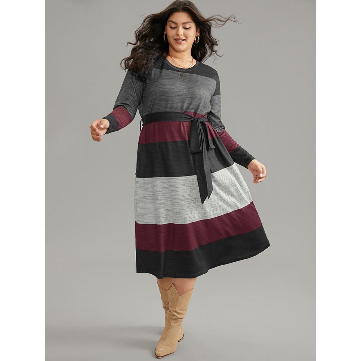 Plus Size Colorblock Contrast Heather Belted Dress Black Women Casual Non Round Neck Long Sleeve Curvy Midi Dress BloomChic 30/6X Product Image