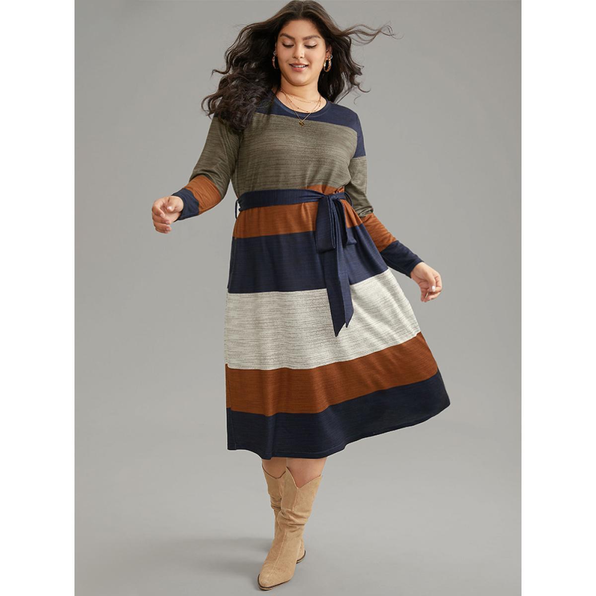 Plus Size Colorblock Contrast Heather Belted Dress Multicolor Women Casual Non Round Neck Long Sleeve Curvy Midi Dress BloomChic 22-24/3X Product Image