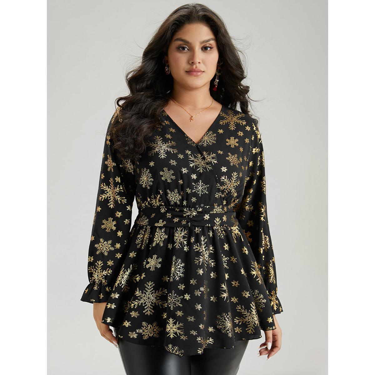 Plus Size Black Glitter Snowflake Elastic Waist Ruched Wrap Blouse Women Cocktail Long Sleeve Overlap Collar Party Blouses BloomChic 14-16/1X Product Image