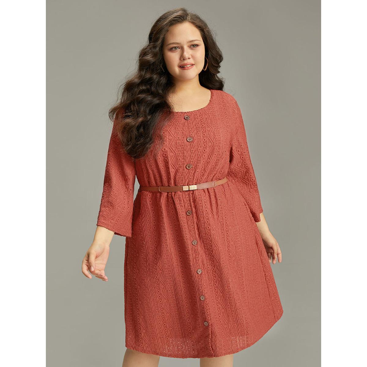 Plus Size Broderie Anglaise Button Through Pocket Dress Rust Women Casual Texture Round Neck Long Sleeve Curvy Knee Dress BloomChic 28/5X Product Image