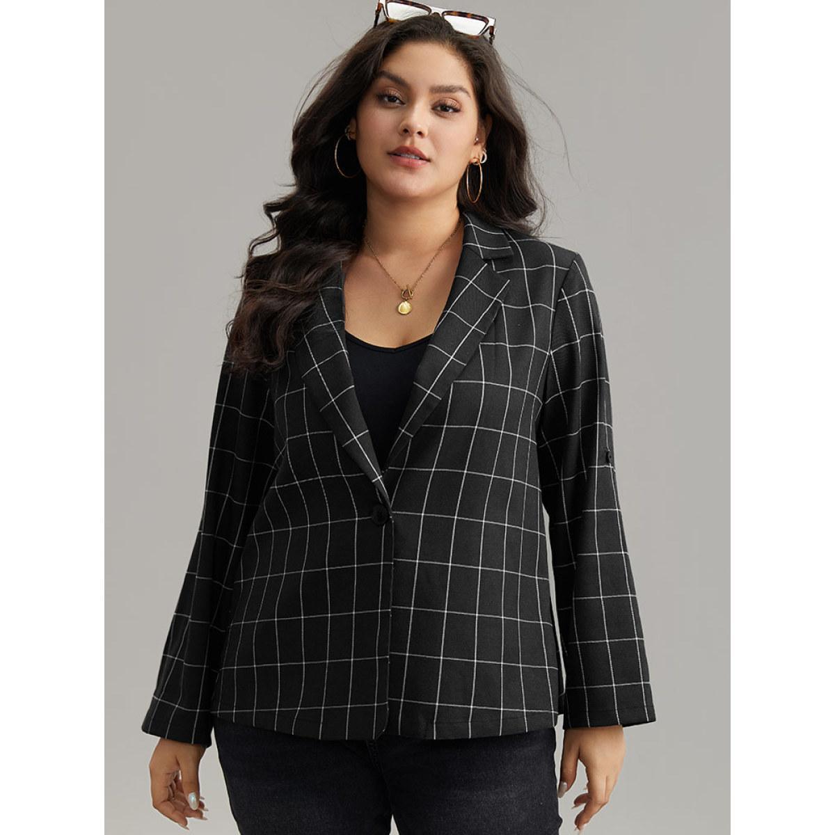 Plus Size Plaid Suit Collar Tab Sleeve Button Up Blazer Black Women Dailywear Plaid Contrast Sleeve Long Sleeve Suit Collar 18-20/2X Casual Blazers BloomChic Product Image