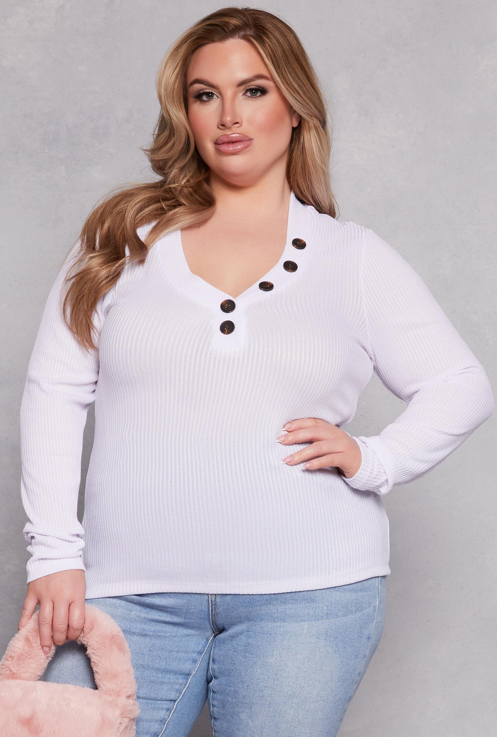 Womens Plus Size Brushed Ribbed Knit V Neck Top Product Image