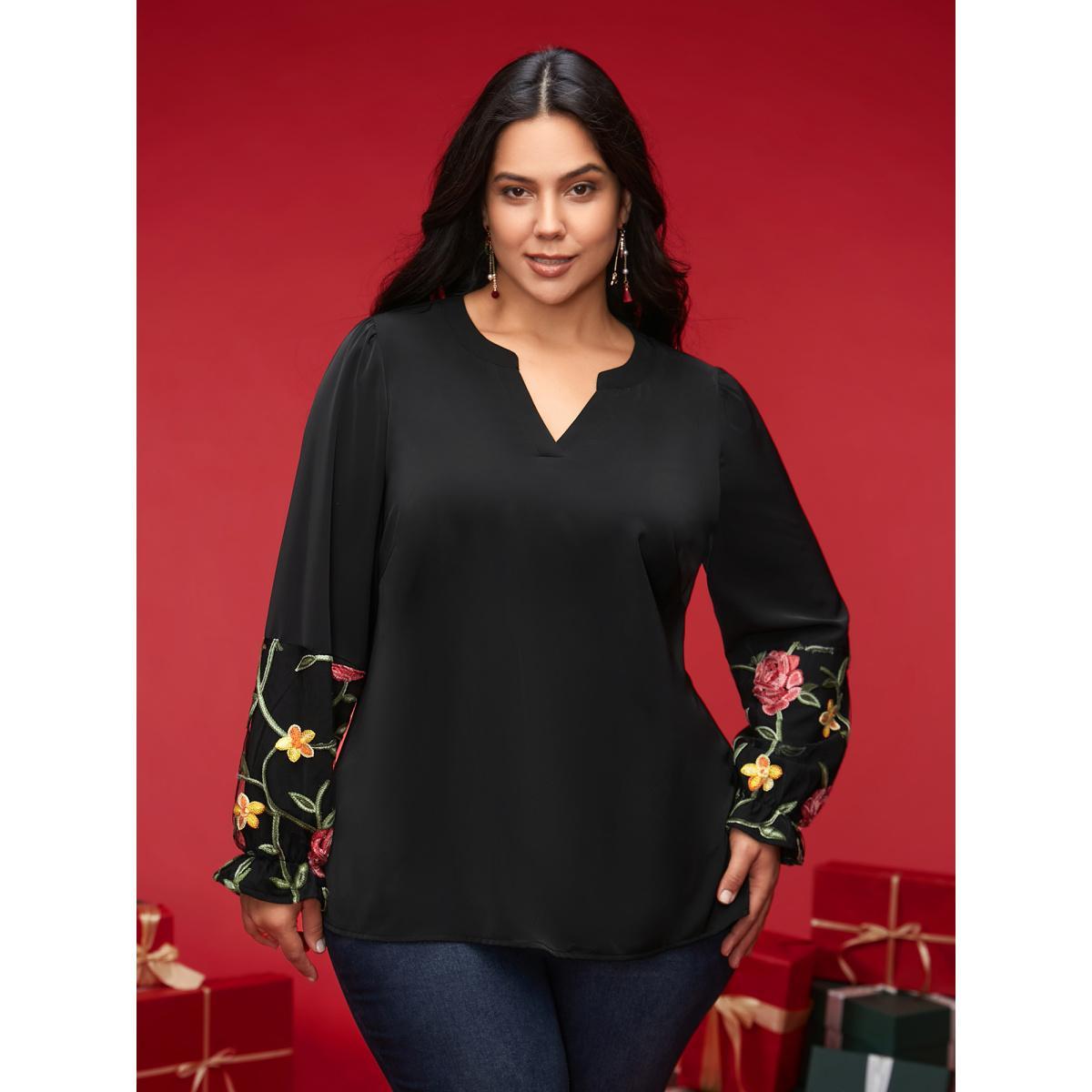 Plus Size Black Mesh Floral Embroidered Sleeve Blouse Women Elegant Long Sleeve Notched collar Everyday Blouses BloomChic 14-16/1X Product Image