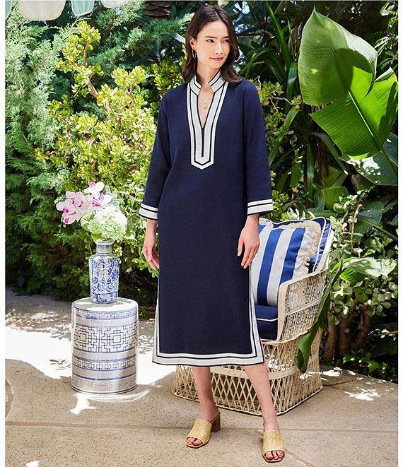 Karen Kane St. Tropez Mandarin Collar Split V-Neck 3/4 Sleeve Midi Dress Product Image