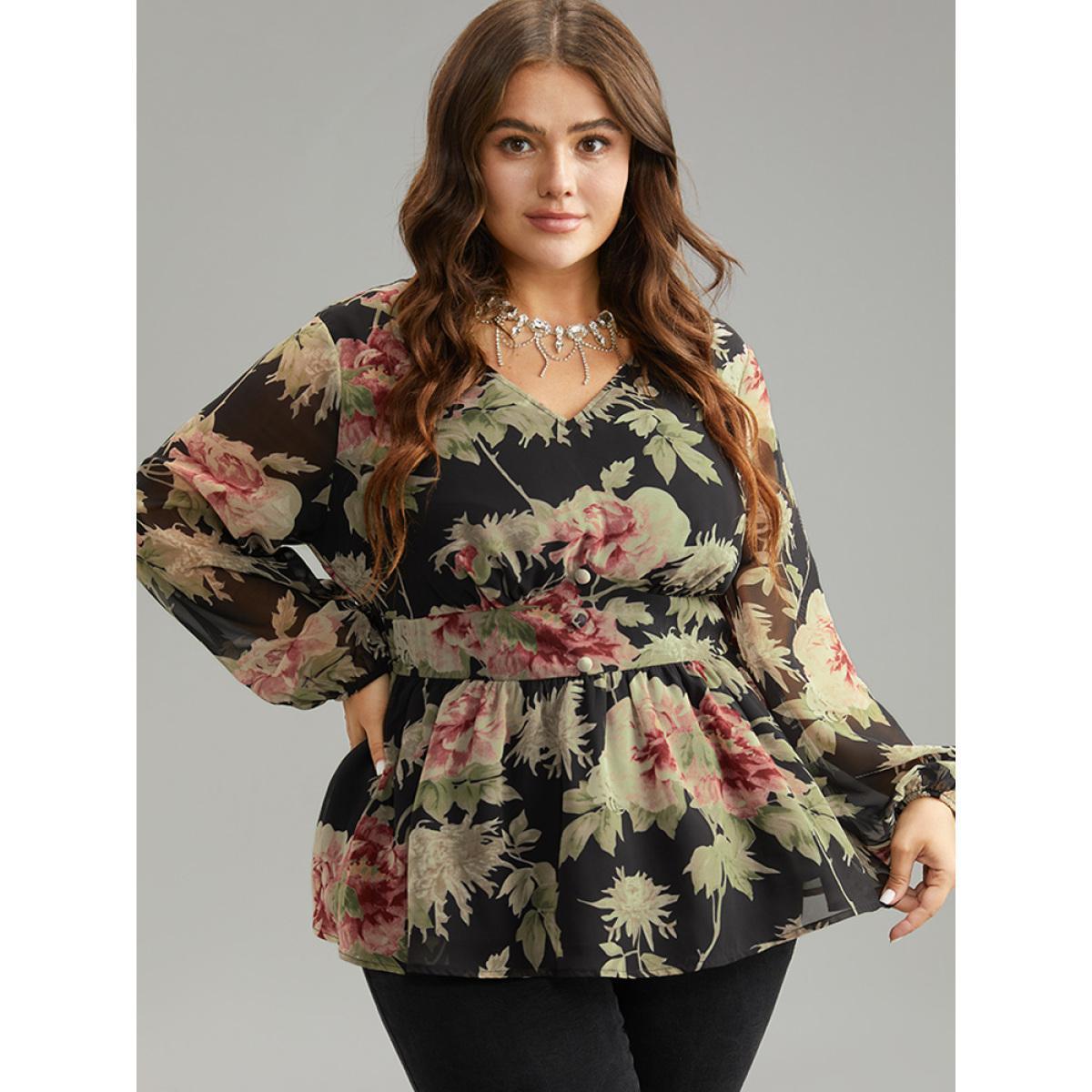 Plus Size Black Floral Flutter Hem Elastic Waist Blouse Women Elegant Long Sleeve V-neck Everyday Blouses BloomChic 22-24/3X Product Image