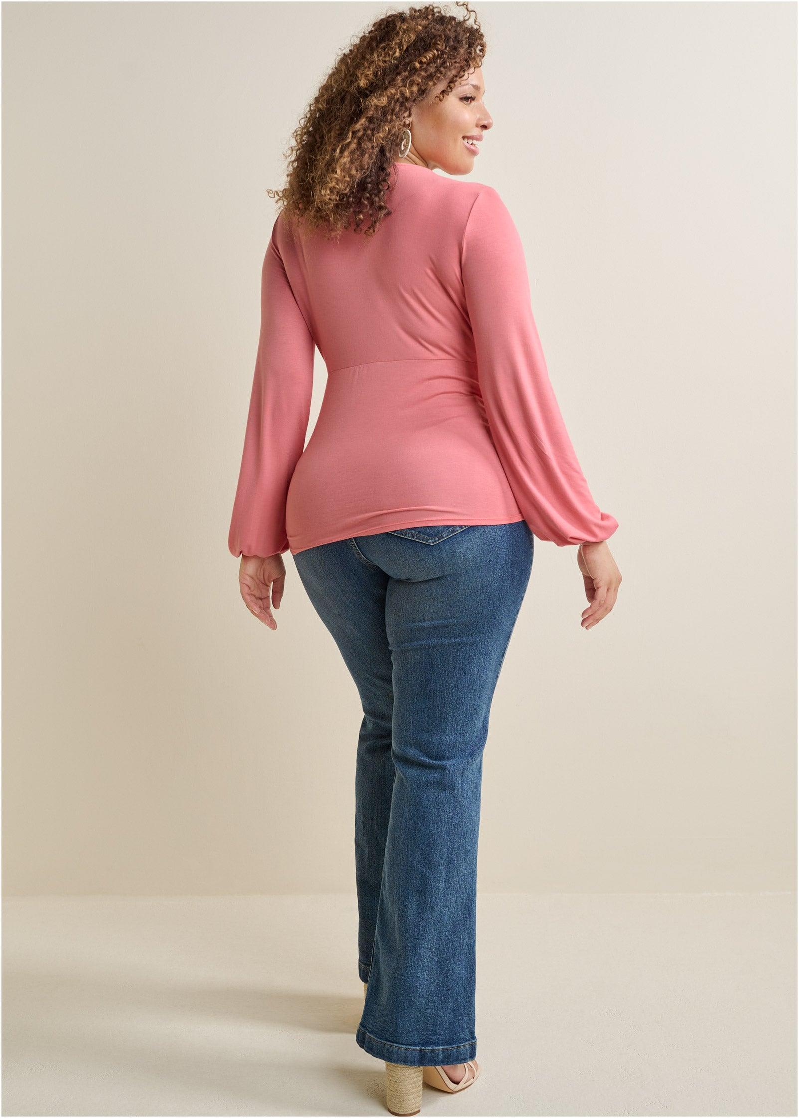 Ruched V-Neck Top - Coral Product Image