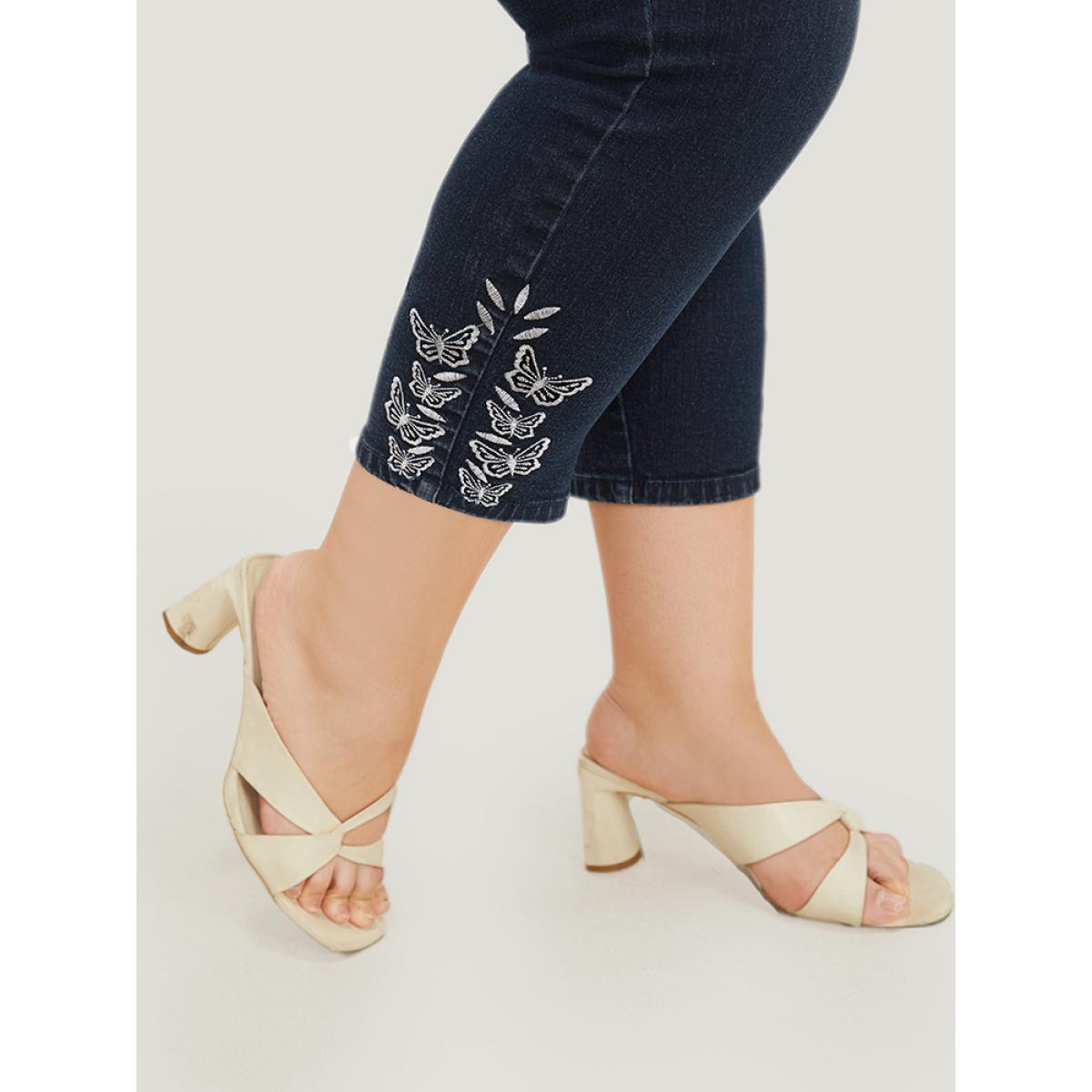 Plus Size Very Stretchy High Rise Dark Wash Butterfly Embroidered Jeans Women DarkBlue Casual Plain Embroidered High stretch Pocket Jeans BloomChic 14/1X Product Image