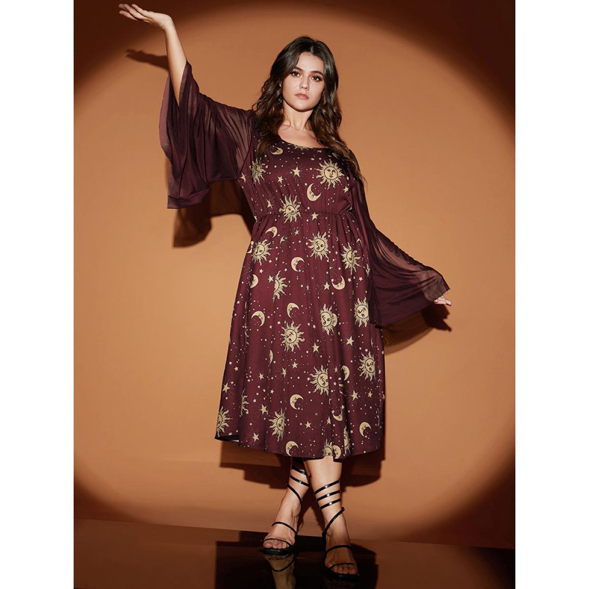 Plus Size Halloween Moon And Star Bell Sleeve Pocket Crew Neck Midi Dress Burgundy Women Elegant Patchwork Round Neck Long Sleeve Curvy Midi Dress BloomChic 22-24/3X Product Image