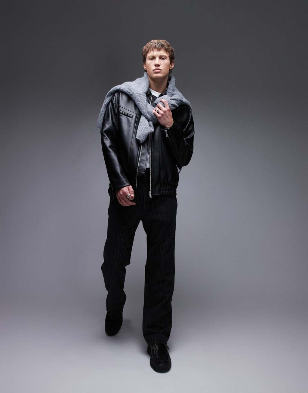 Topman faux leather bomber jacket in black Product Image