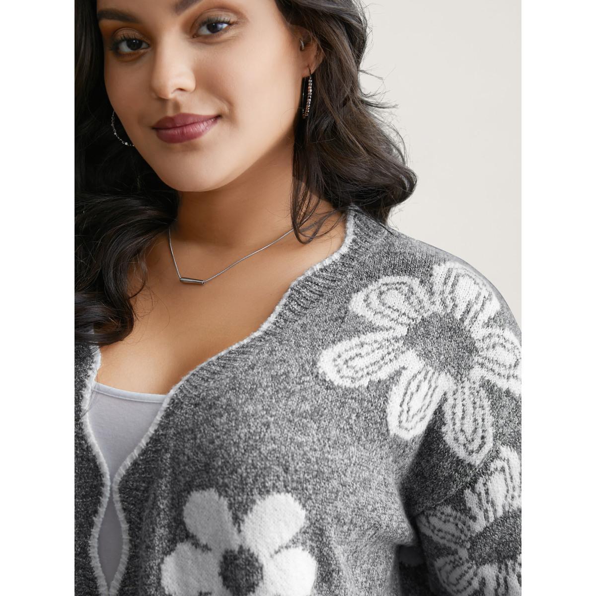 Plus Size Floral Pattern Open-Front Knitted Cardigan DarkGray Women Casual Loose Long Sleeve Everyday Cardigans BloomChic 22-24/3X Product Image