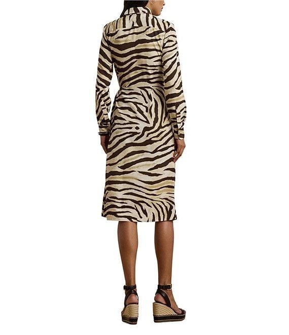 Lauren Ralph Lauren Petite Size Zebra Crepe De Chine Point Collar Tie Front Faux Wrap Dress Product Image
